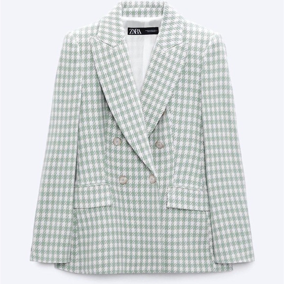 Zara Jackets & Blazers - Zara Houndstooth Plaid Double Breasted Sage Green Tailored Blazer Jacket